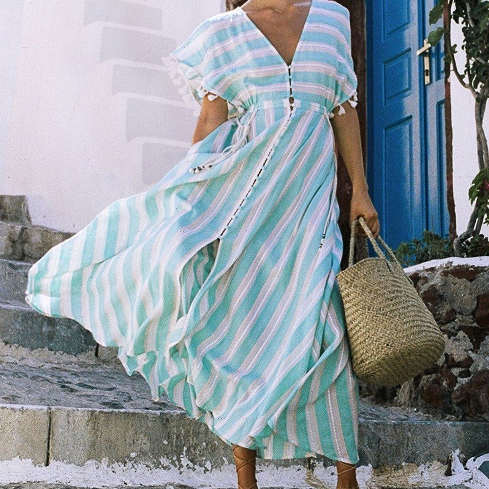 Riviera Gown Xs Turquoise Mint White Striped Maxi Dress
